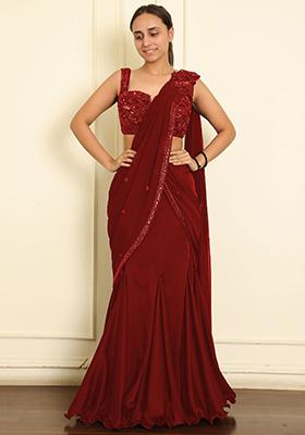 Red Pre-Stitched Saree Set With Hand Emoridered Blouse