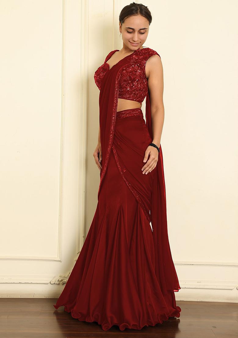 Red Pre-Stitched Saree Set With Hand Emoridered Blouse