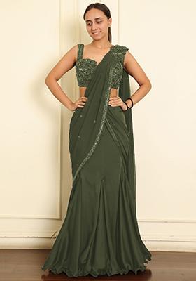 Green Pre-Stitched Saree Set With Hand Emoridered Blouse