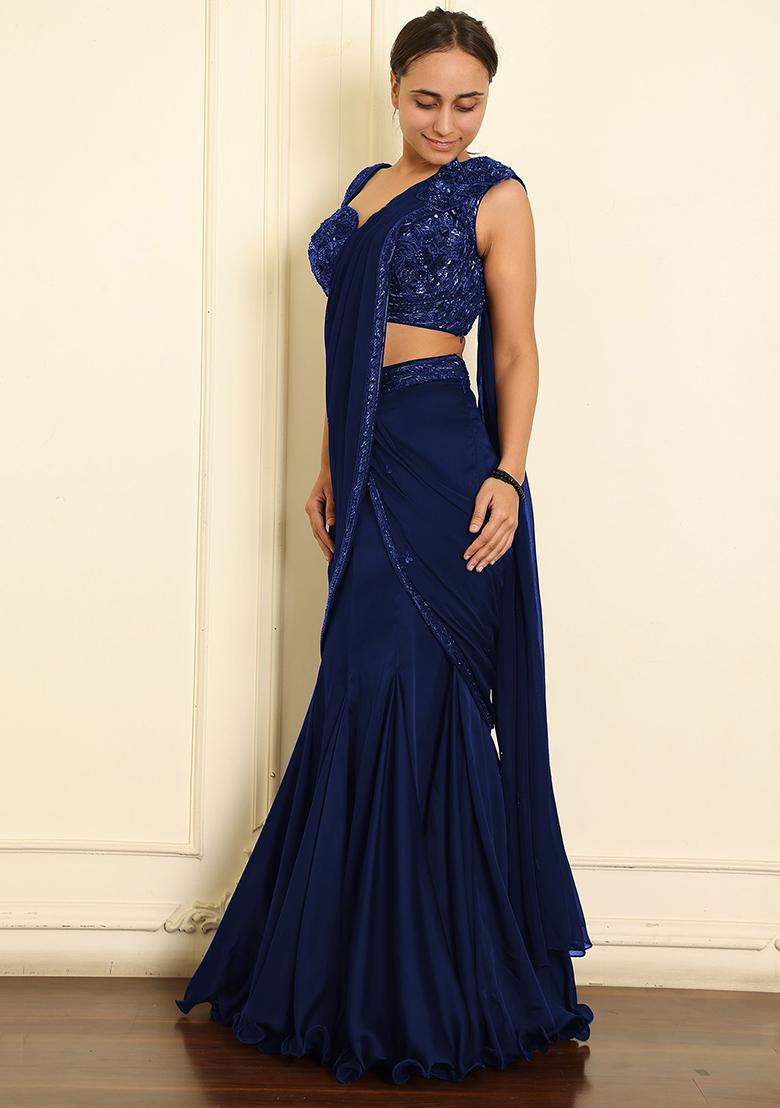 Blue Pre-Stitched Saree Set With Hand Emoridered Blouse