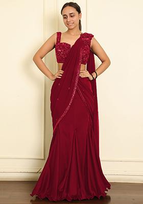 Red Pre-Stitched Saree Set With Hand Emoridered Blouse