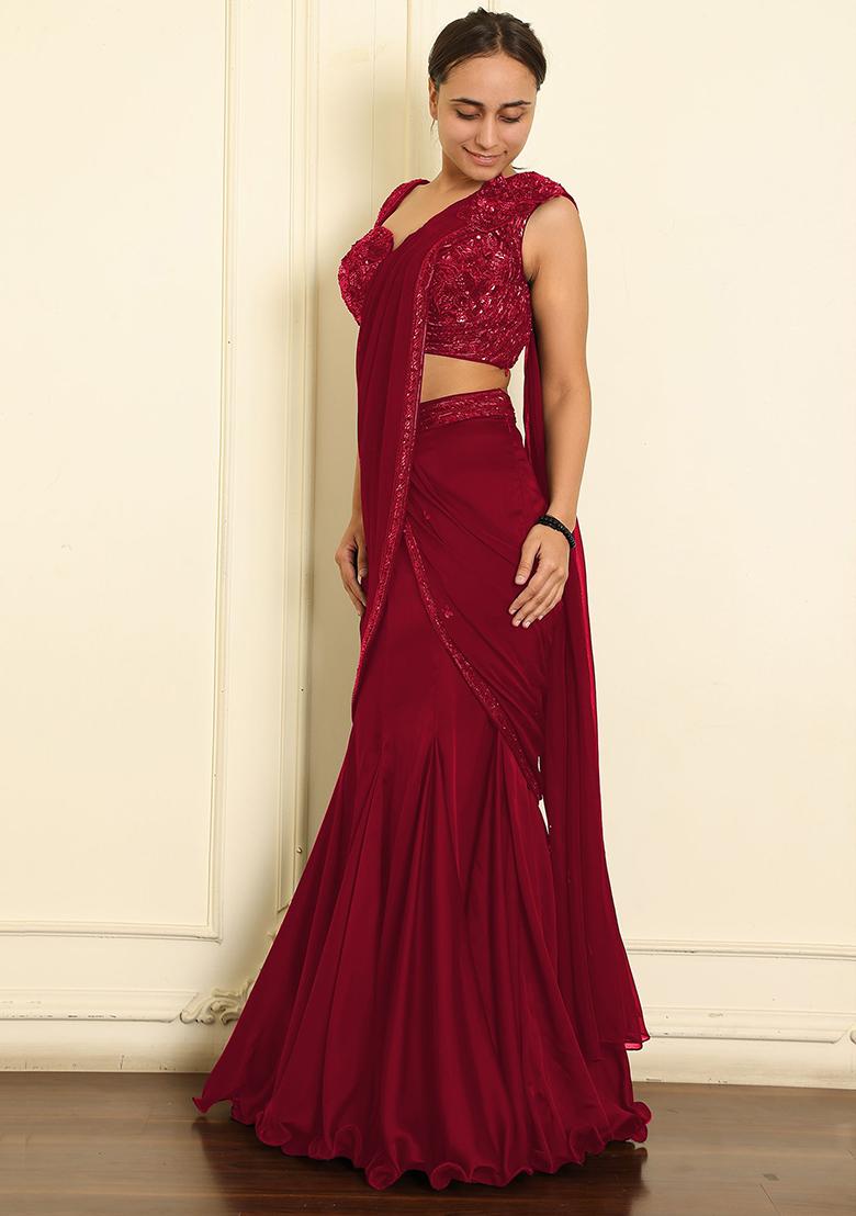Red Pre-Stitched Saree Set With Hand Emoridered Blouse