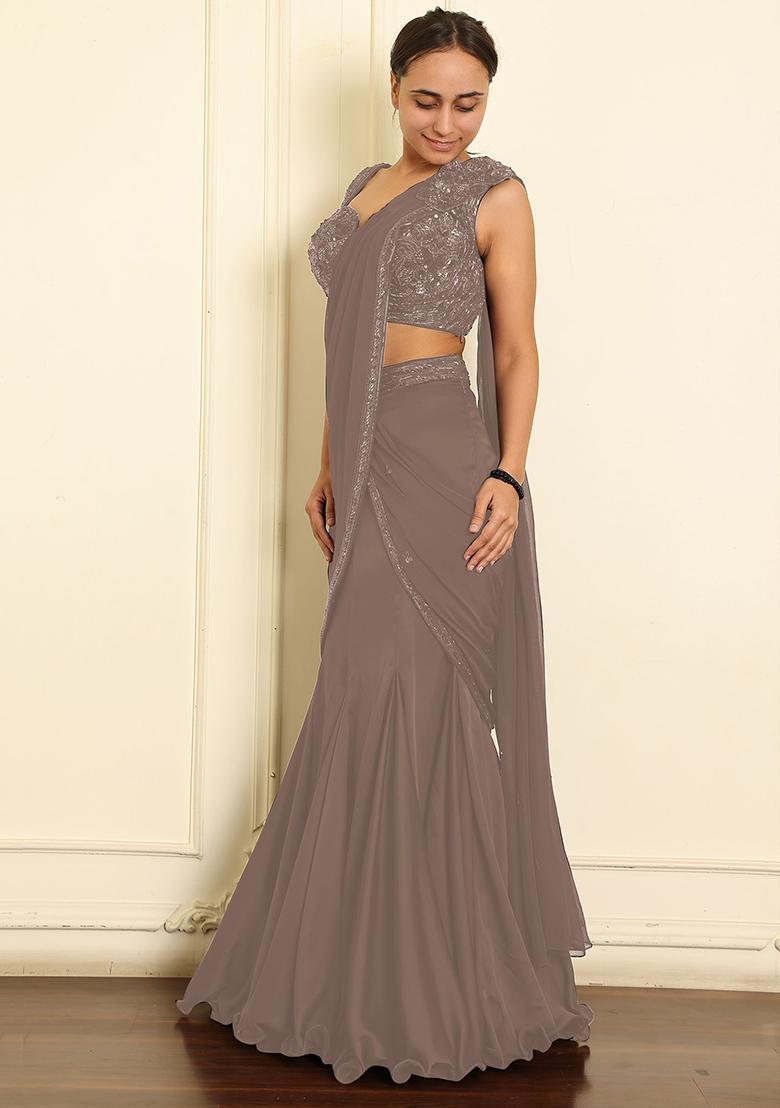 Beige Pre-Stitched Saree Set With Hand Emoridered Blouse