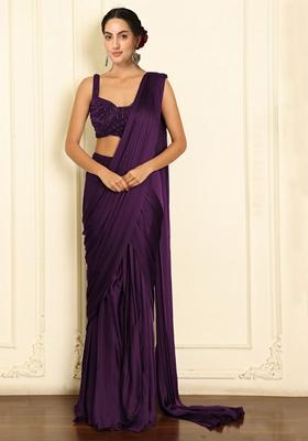 Purple Pre-Stitched Saree Set With Hand Emoridered Blouse