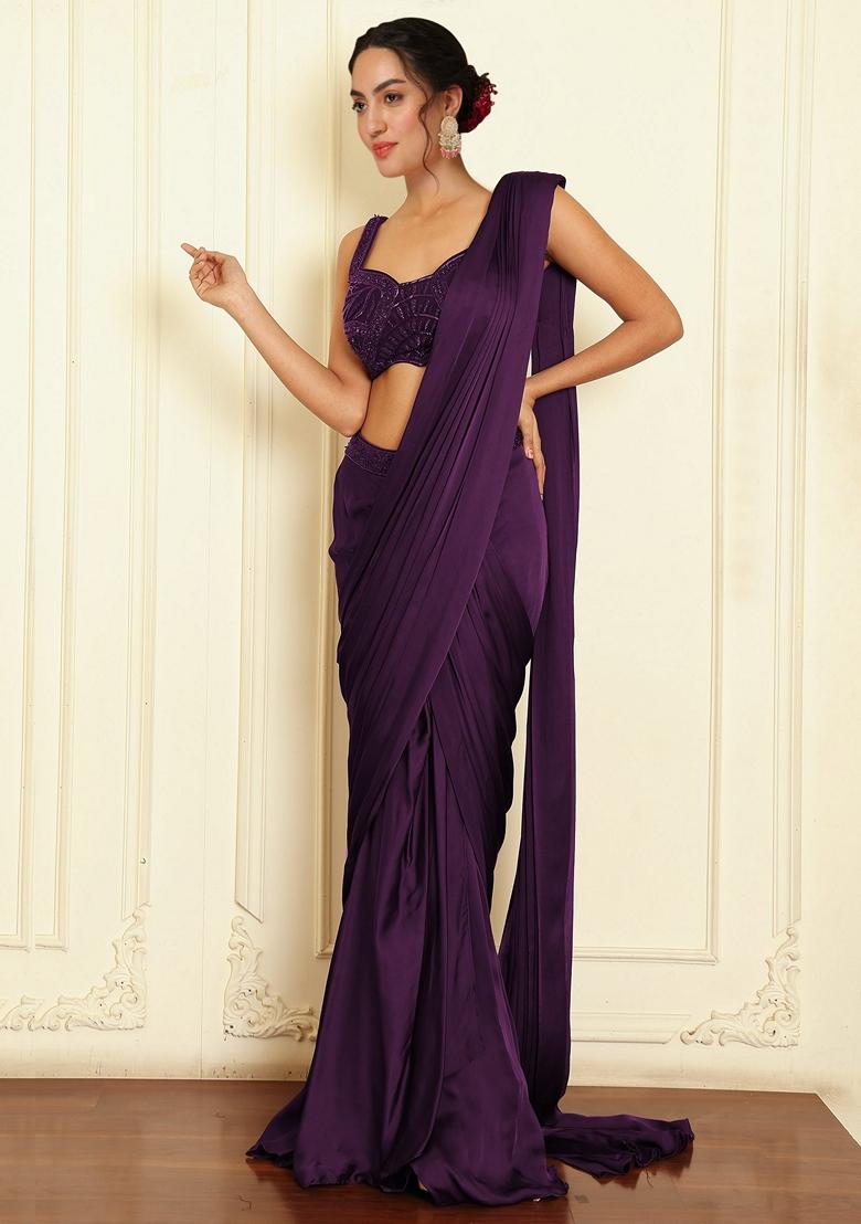 Purple Pre-Stitched Saree Set With Hand Emoridered Blouse