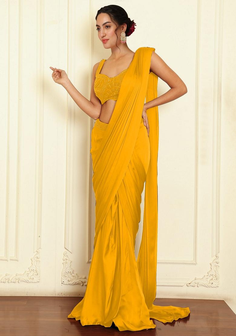 Yellow Pre-Stitched Saree Set With Hand Emoridered Blouse