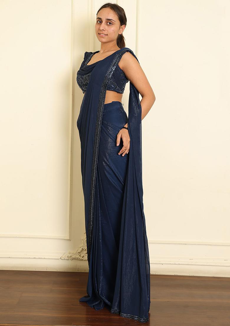 Blue Pre-Stitched Saree Set With Hand Emoridered Blouse