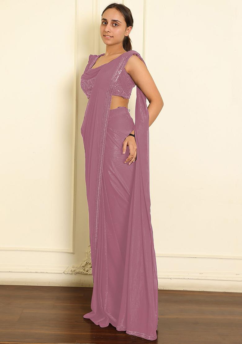 Pink Pre-Stitched Saree Set With Hand Emoridered Blouse