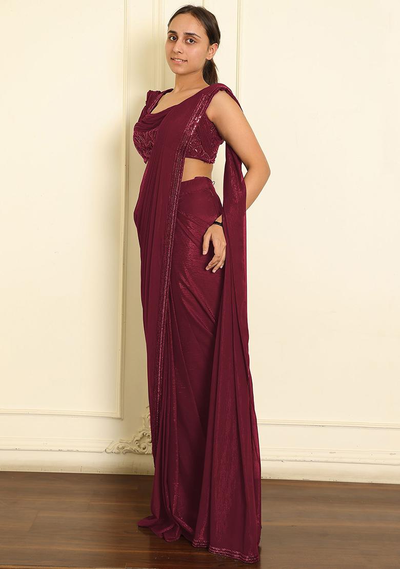 Maroon Pre-Stitched Saree Set With Hand Emoridered Blouse