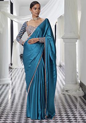 Teal Blue Pre-Stitched Saree Set With Hand Embroidered Blouse