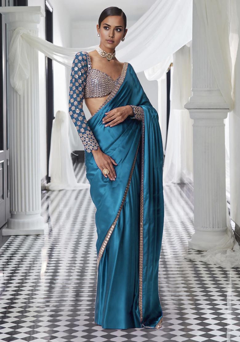Teal Blue Pre-Stitched Saree Set With Hand Embroidered Blouse