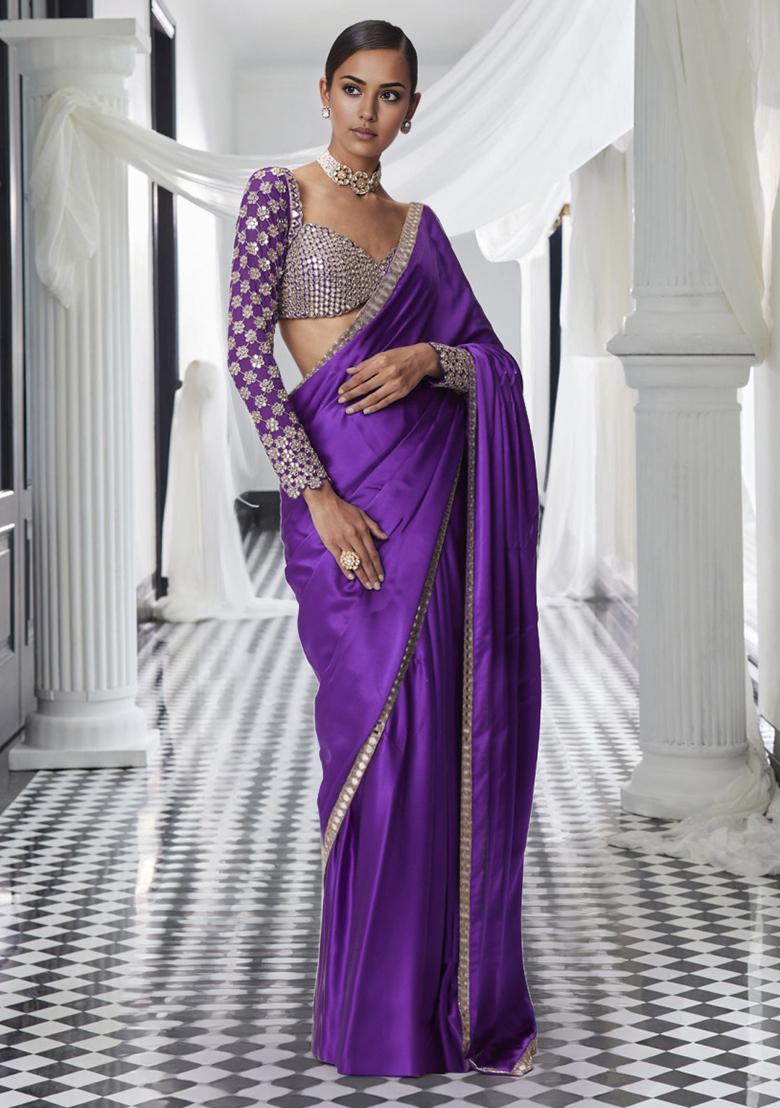 Purple Pre-Stitched Saree Set With Hand Embroidered Blouse