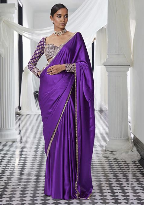 Purple Pre-Stitched Saree Set With Hand Embroidered Blouse