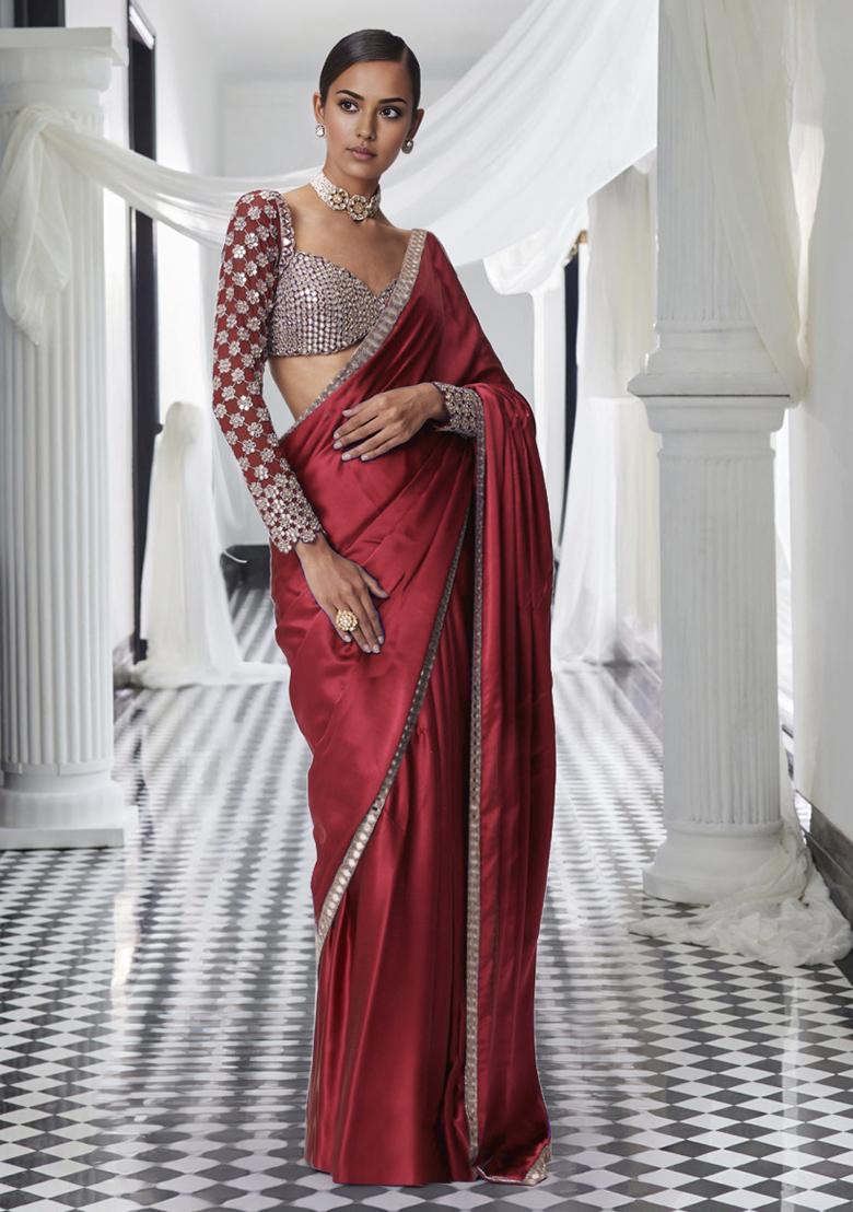 Red Pre-Stitched Saree Set With Hand Embroidered Blouse