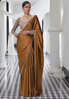 Brown Pre-Stitched Saree Set With Hand Embroidered Blouse