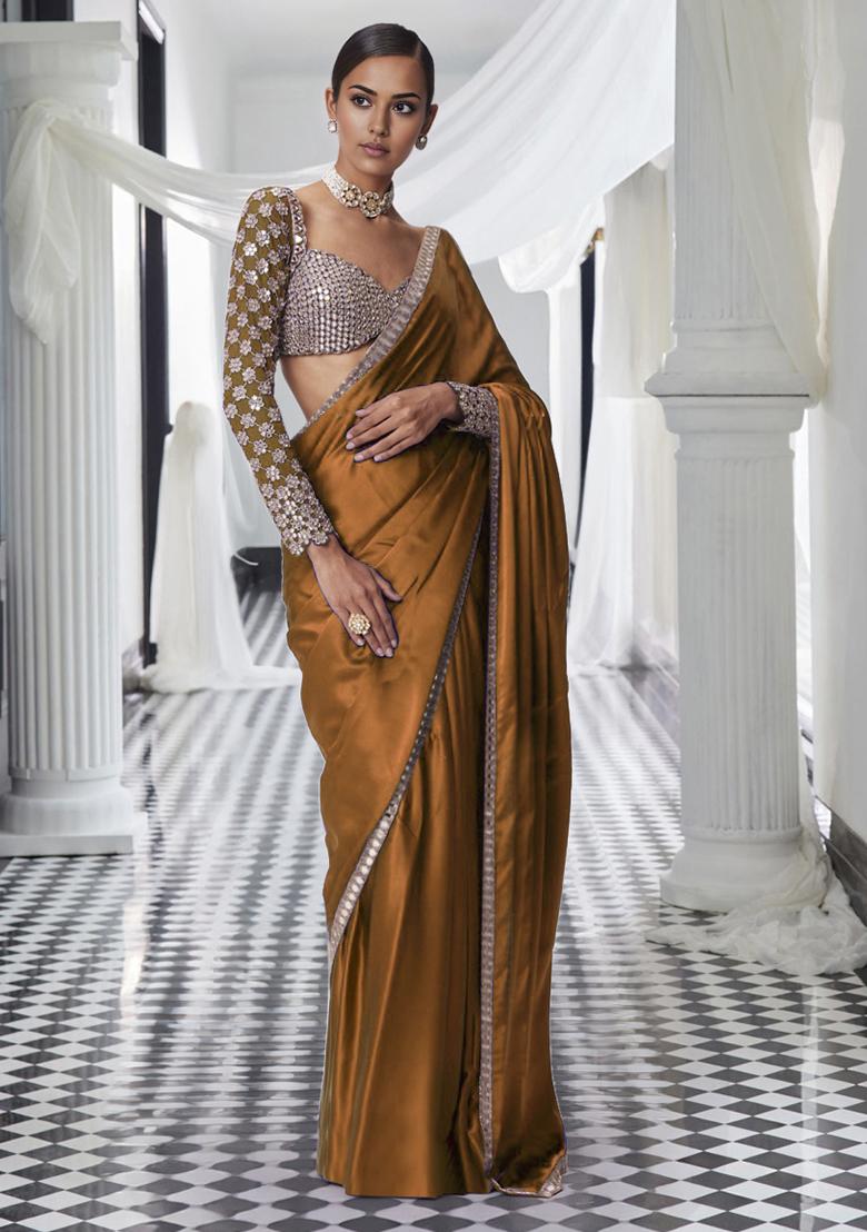 Brown Pre-Stitched Saree Set With Hand Embroidered Blouse