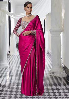 Fuschia Pink Pre-Stitched Saree Set With Hand Embroidered Blouse