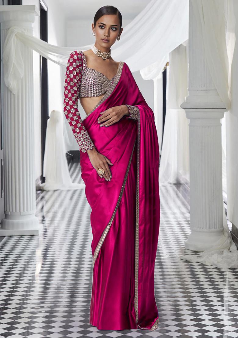 Fuschia Pink Pre-Stitched Saree Set With Hand Embroidered Blouse