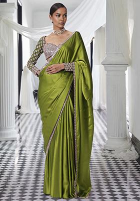 Olive Green Pre-Stitched Saree Set With Hand Embroidered Blouse