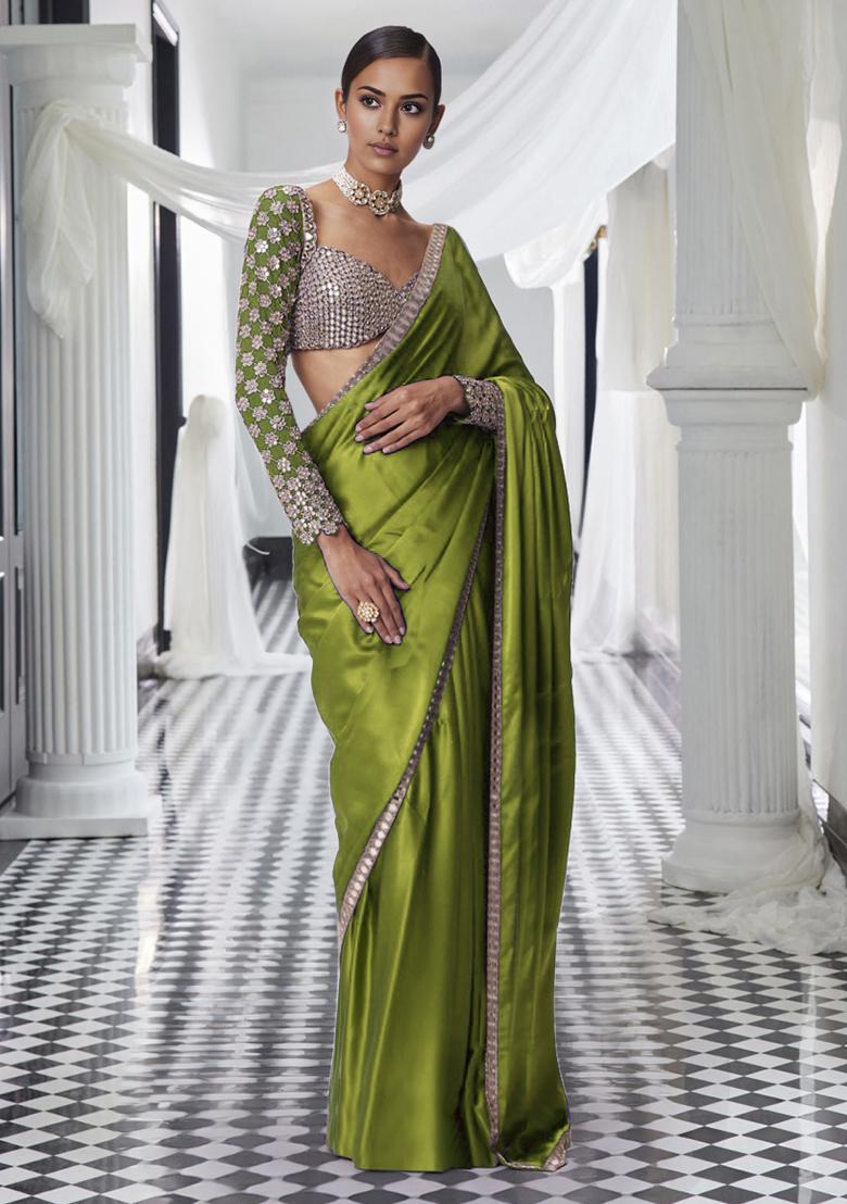 Olive Green Pre-Stitched Saree Set With Hand Embroidered Blouse