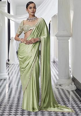 Mint Green Pre-Stitched Saree Set With Hand Embroidered Blouse