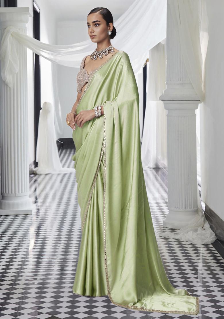 Mint Green Pre-Stitched Saree Set With Hand Embroidered Blouse