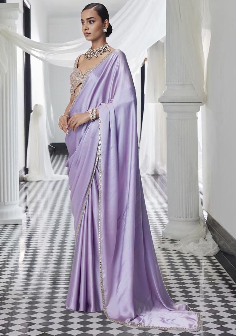 Lavender Pre-Stitched Saree Set With Hand Embroidered Blouse
