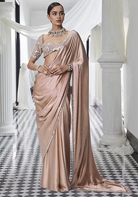 Beige Pre-Stitched Saree Set With Hand Embroidered Blouse