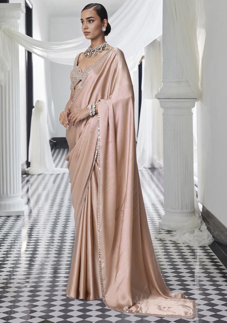 Beige Pre-Stitched Saree Set With Hand Embroidered Blouse