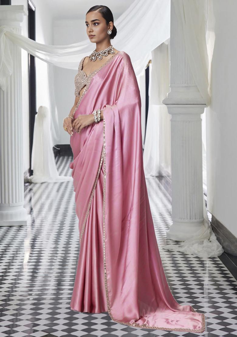 Blush Pink Pre-Stitched Saree Set With Hand Embroidered Blouse