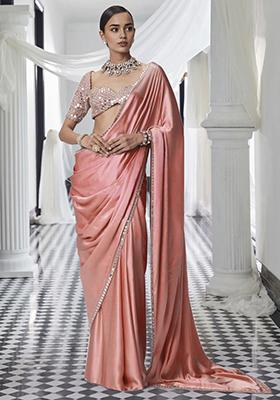 Peach Pre-Stitched Saree Set With Hand Embroidered Blouse