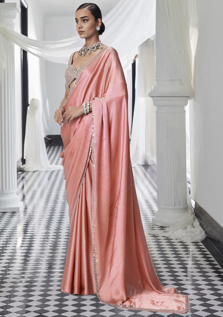 Peach Pre-Stitched Saree Set With Hand Embroidered Blouse