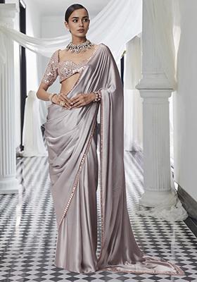 Grey Pre-Stitched Saree Set With Hand Embroidered Blouse