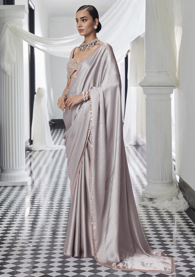 Grey Pre-Stitched Saree Set With Hand Embroidered Blouse