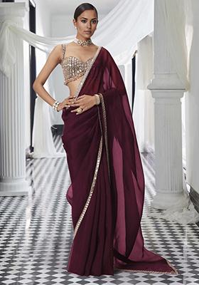 Burgendy Pre-Stitched Saree Set With Hand Embroidered Blouse