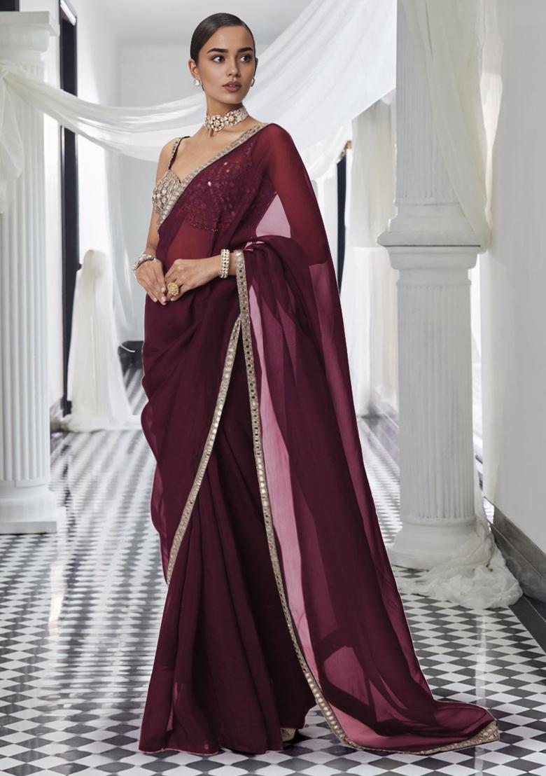 Burgendy Pre-Stitched Saree Set With Hand Embroidered Blouse