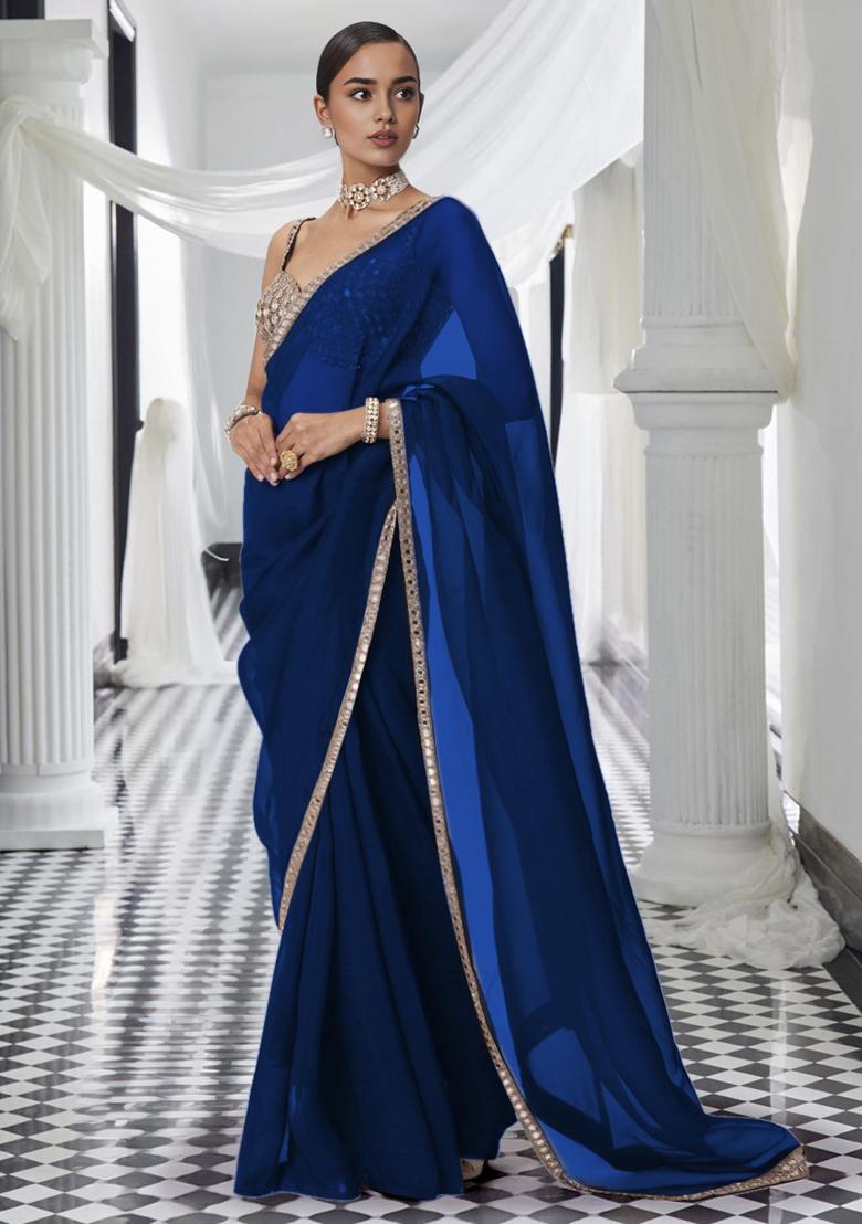 Navy Blue Pre-Stitched Saree Set With Hand Embroidered Blouse