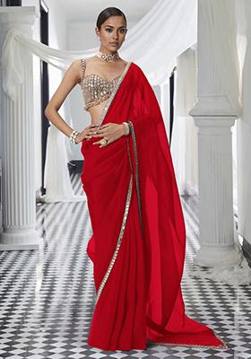 Red Pre-Stitched Saree Set With Hand Embroidered Blouse