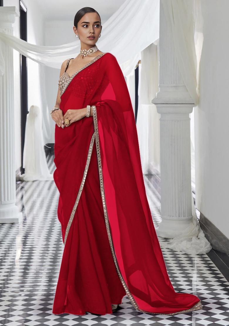 Red Pre-Stitched Saree Set With Hand Embroidered Blouse