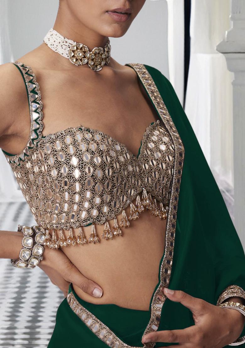 Bottle Green Pre-Stitched Saree Set With Hand Embroidered Blouse