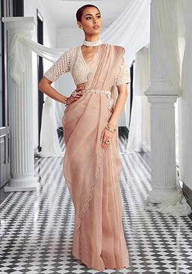 Peach Pre-Stitched Saree Set With Hand Embroidered Blouse