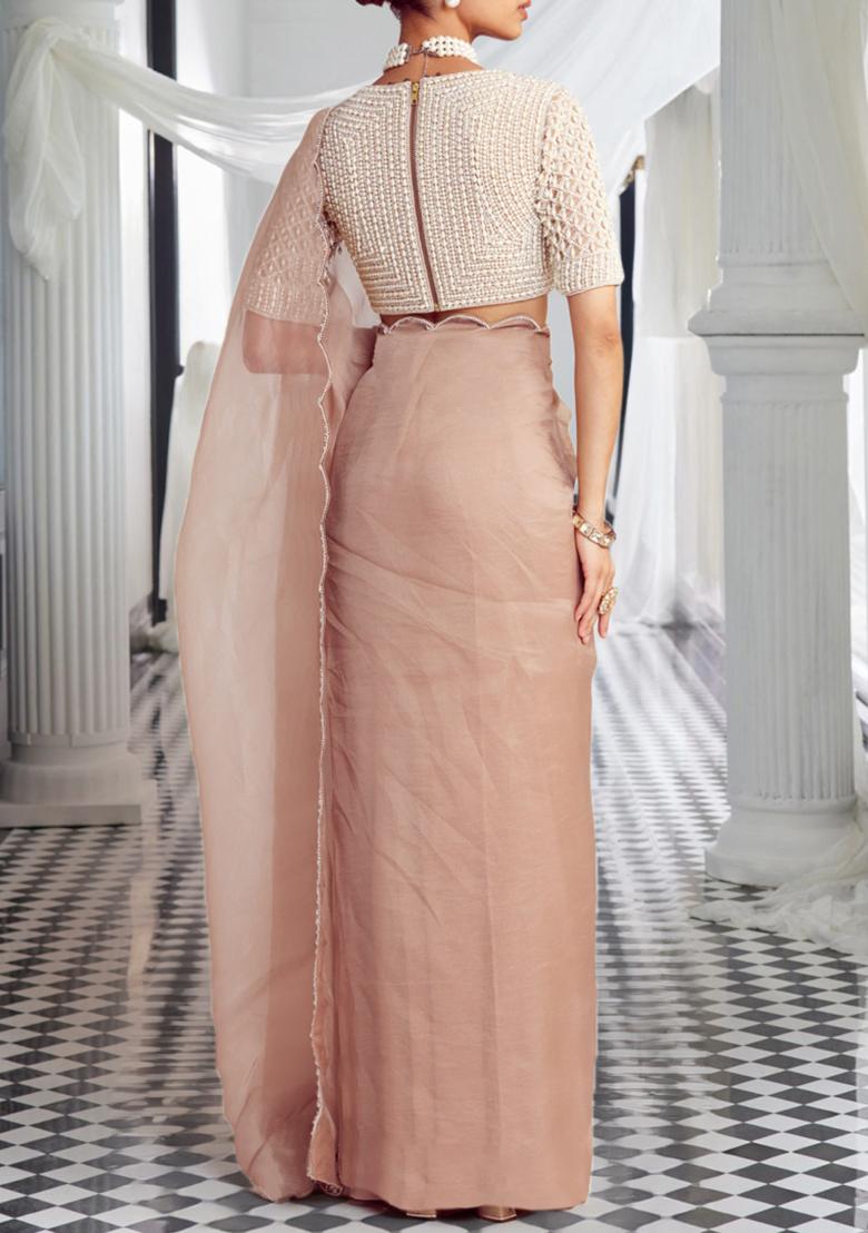 Peach Pre-Stitched Saree Set With Hand Embroidered Blouse