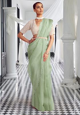 Mint Green Pre-Stitched Saree Set With Hand Embroidered Blouse