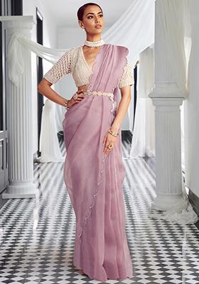 Mauve Pre-Stitched Saree Set With Hand Embroidered Blouse