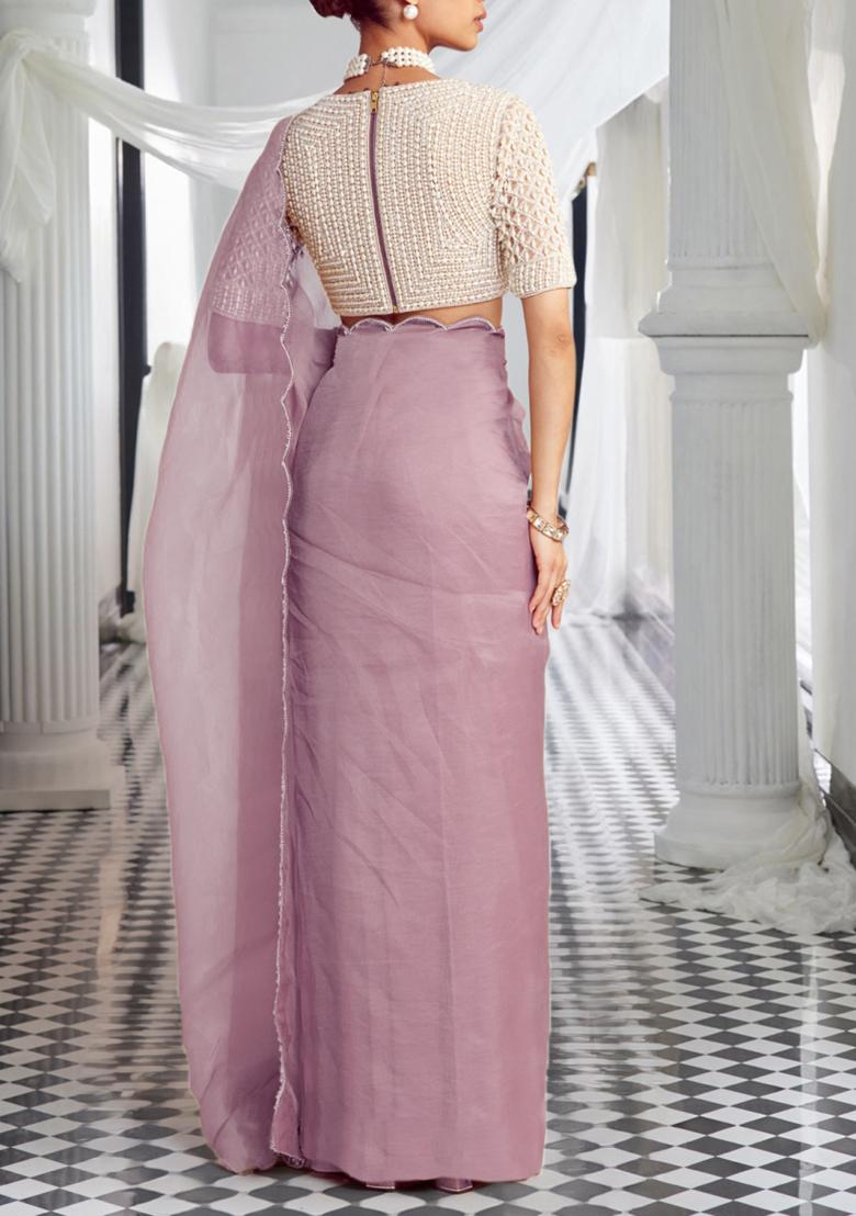 Mauve Pre-Stitched Saree Set With Hand Embroidered Blouse