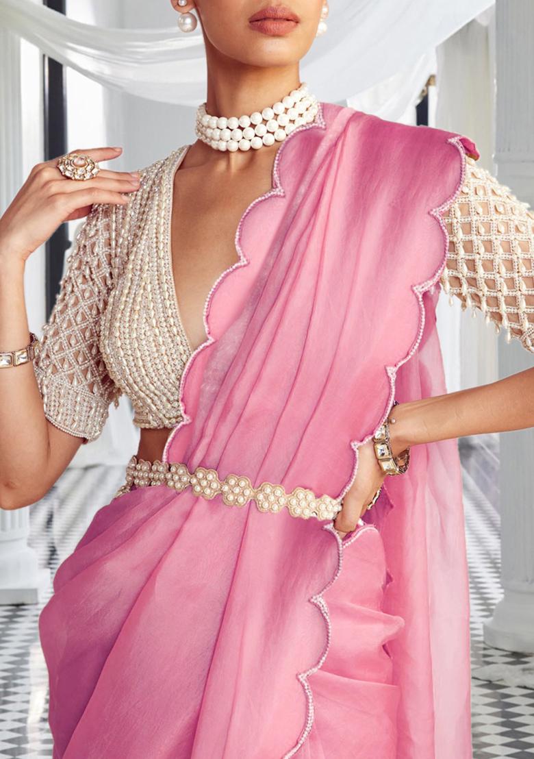 Pink Pre-Stitched Saree Set With Hand Embroidered Blouse