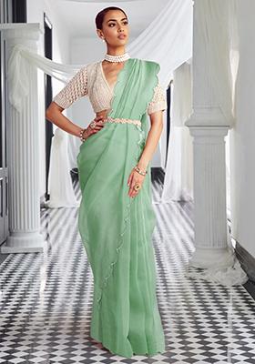 Sage Green Pre-Stitched Saree Set With Hand Embroidered Blouse