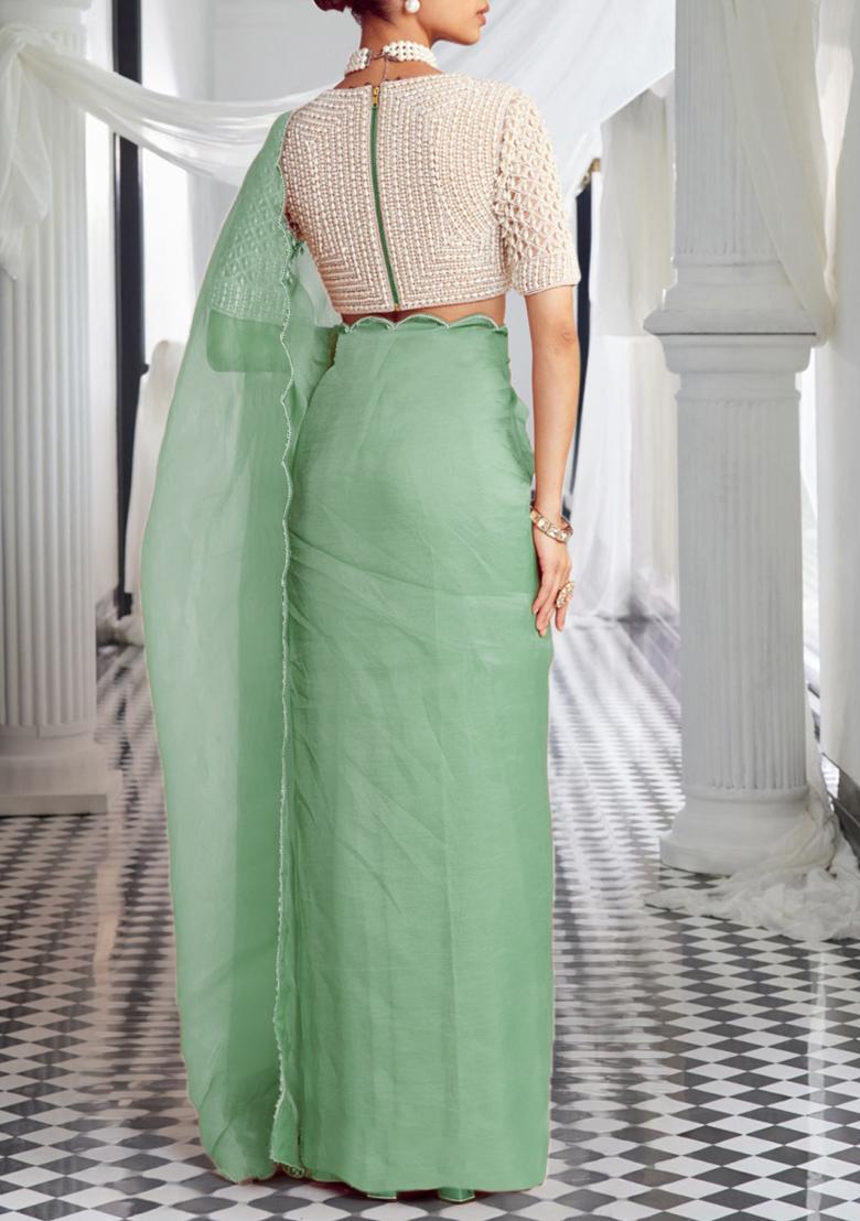 Sage Green Pre-Stitched Saree Set With Hand Embroidered Blouse