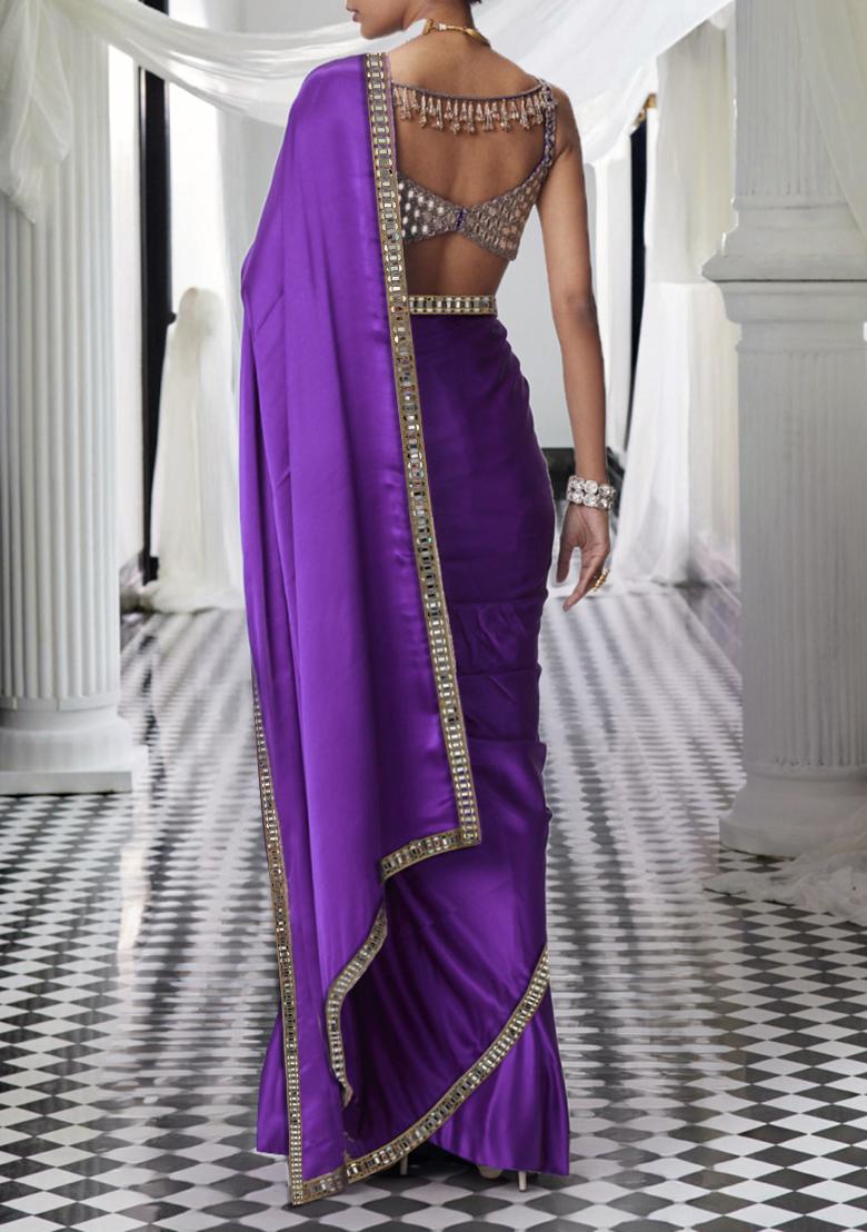 Purple Pre-Stitched Saree Set With Hand Embroidered Blouse