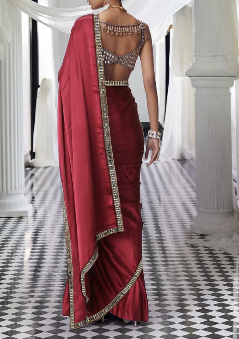 Red Pre-Stitched Saree Set With Hand Embroidered Blouse